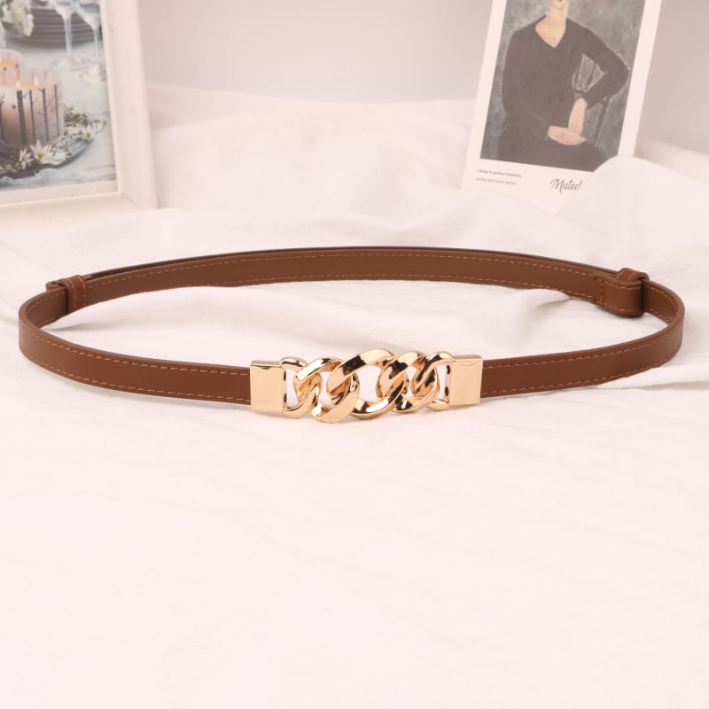 Moterų natūralios odos diržas, dviejų sluoksnių galvijų odos, grandinės formos sagtis, plonas plotis <2 cm