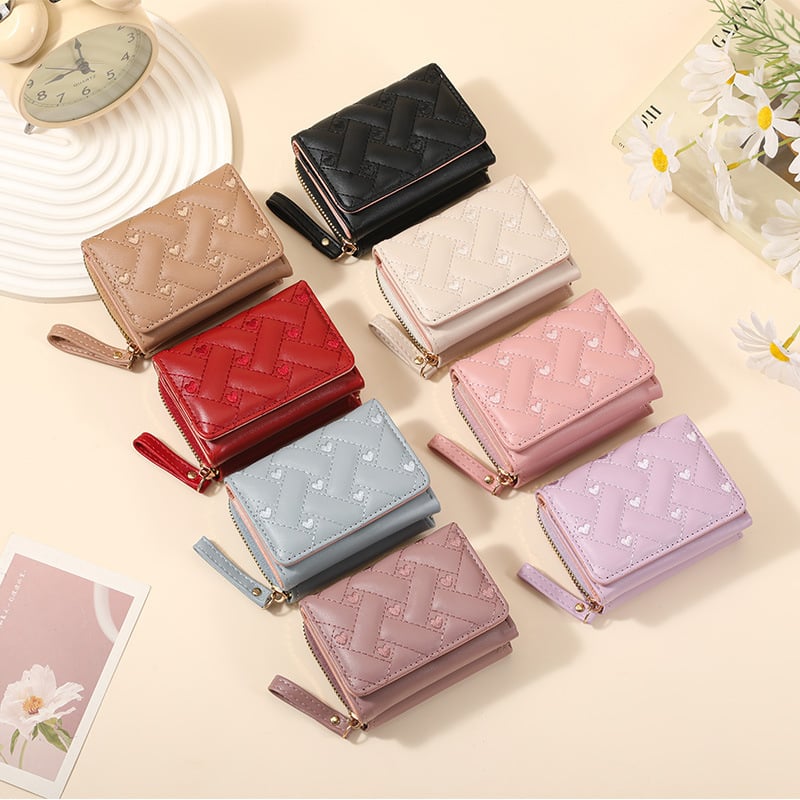 Portofel feminin scurt din PU cu inimă brodată – impermeabil, ultra-ușor, buzunar pentru carduri și monede, inspirat din moda coreeană