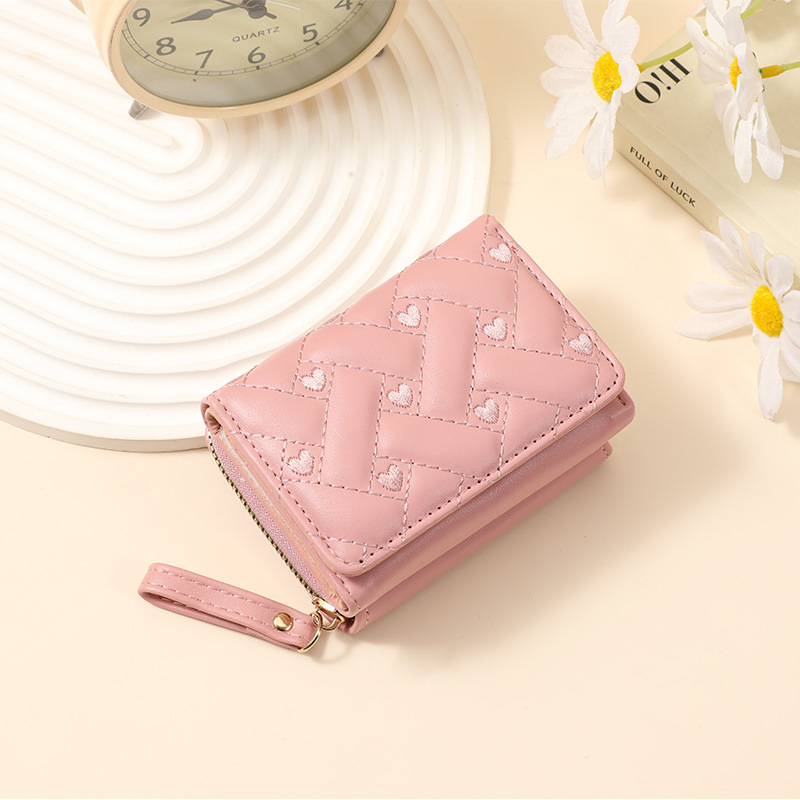 Portofel feminin scurt din PU cu inimă brodată – impermeabil, ultra-ușor, buzunar pentru carduri și monede, inspirat din moda coreeană