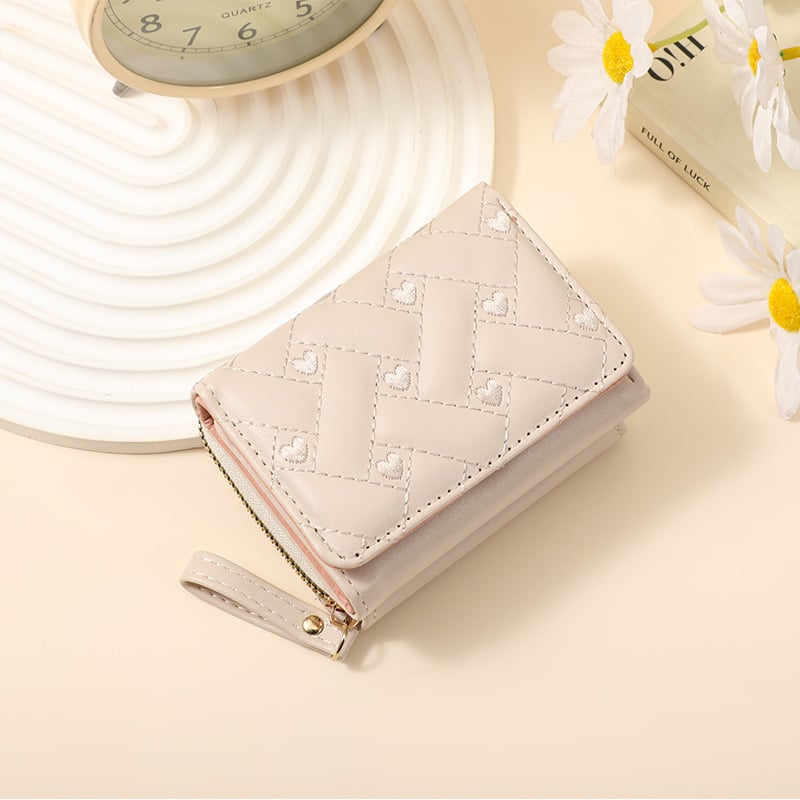 Portofel feminin scurt din PU cu inimă brodată – impermeabil, ultra-ușor, buzunar pentru carduri și monede, inspirat din moda coreeană