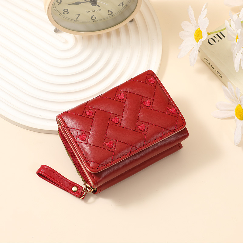 Portofel feminin scurt din PU cu inimă brodată – impermeabil, ultra-ușor, buzunar pentru carduri și monede, inspirat din moda coreeană