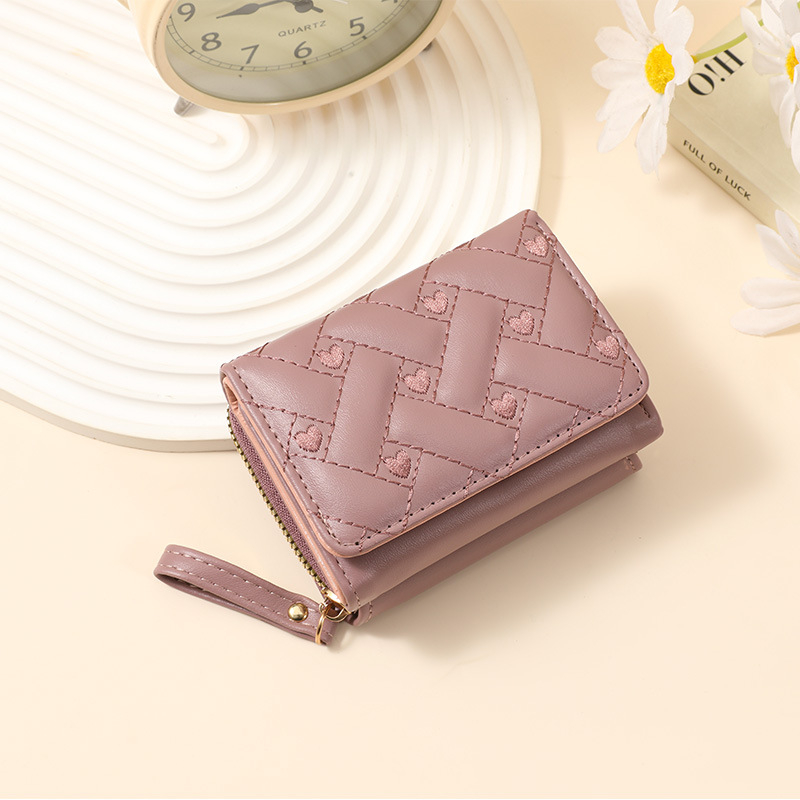 Portofel feminin scurt din PU cu inimă brodată – impermeabil, ultra-ușor, buzunar pentru carduri și monede, inspirat din moda coreeană