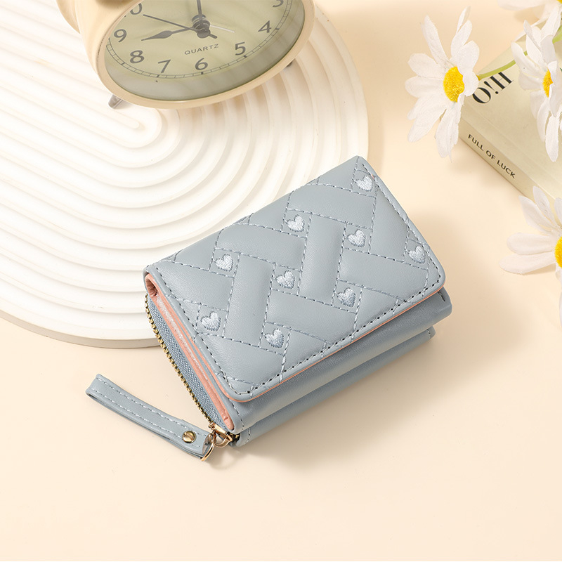 Portofel feminin scurt din PU cu inimă brodată – impermeabil, ultra-ușor, buzunar pentru carduri și monede, inspirat din moda coreeană