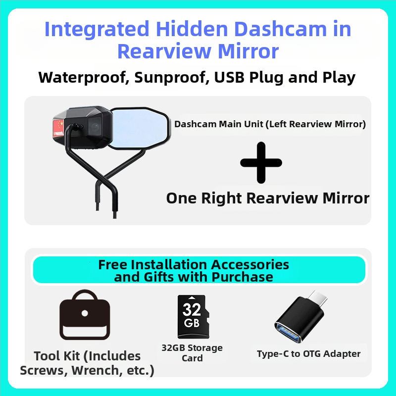 JC-H001 Galinio vaizdo veidrodžio vaizdo registratorius, 140° matymo kampas, 2MP, palaiko TF kortelę iki 128GB