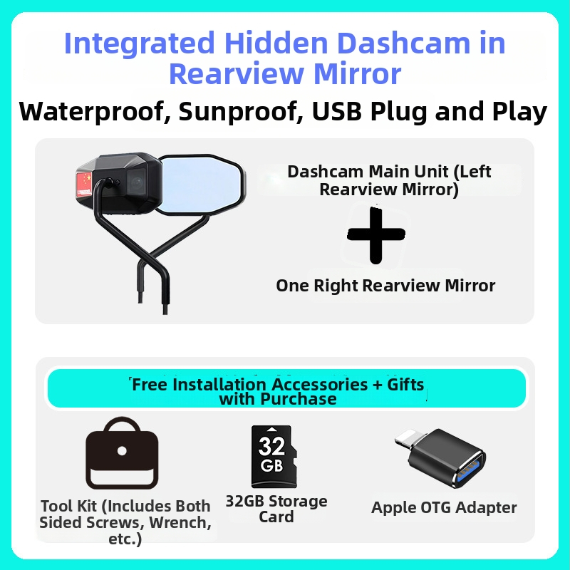 JC-H001 Galinio vaizdo veidrodžio vaizdo registratorius, 140° matymo kampas, 2MP, palaiko TF kortelę iki 128GB