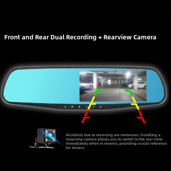 Dviejų objektų vaizdo registratorius su integruotu galinio vaizdo veidrodžiu, 1080p įrašas, 140° matymo kampas, stovėjimo stebėjimas