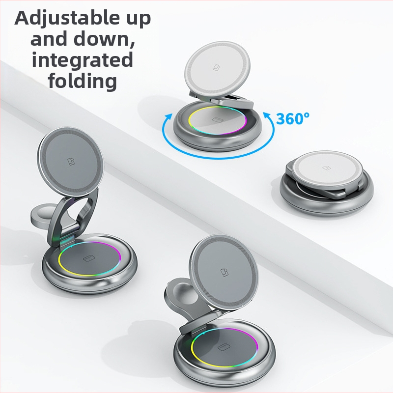 Kovový otočný bezdrôtový nabíjač pre iPhone 17 — magnetický držiak, 3 v 1, rýchle nabíjanie PD, výstup 15W+3W+2.5W (celkový výkon 20W)