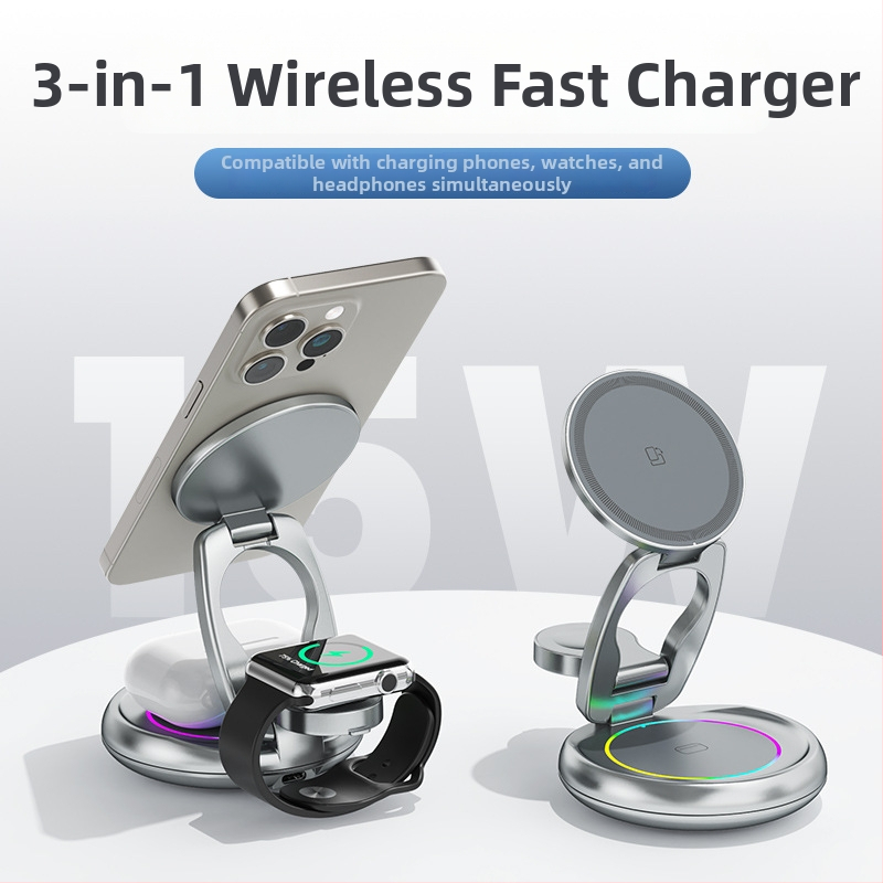 Kovový otočný bezdrôtový nabíjač pre iPhone 17 — magnetický držiak, 3 v 1, rýchle nabíjanie PD, výstup 15W+3W+2.5W (celkový výkon 20W)
