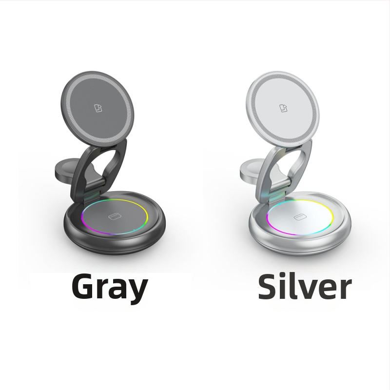 Kovový otočný bezdrôtový nabíjač pre iPhone 17 — magnetický držiak, 3 v 1, rýchle nabíjanie PD, výstup 15W+3W+2.5W (celkový výkon 20W)