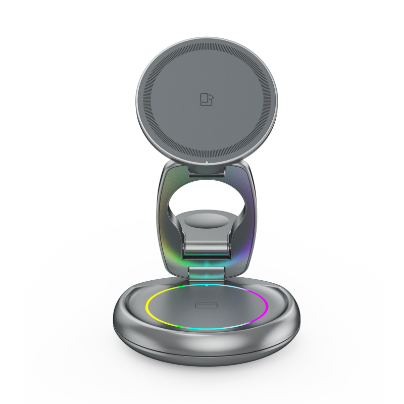Încărcător wireless rotativ din metal pentru iPhone 17 — suport magnetic 3-în-1, încărcare rapidă PD, ieșire 15W+3W+2.5W (putere totală 20W)