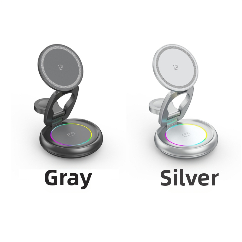 Kovový otočný bezdrôtový nabíjač pre iPhone 17 — magnetický držiak, 3 v 1, rýchle nabíjanie PD, výstup 15W+3W+2.5W (celkový výkon 20W)