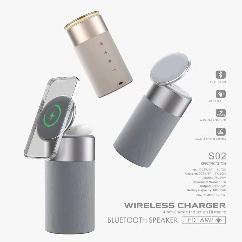 Magnetski bežični punjač s Bluetooth zvučnikom, podesiva noćna lampica, punjač za slušalice — QC3.0, 15W max, 2A