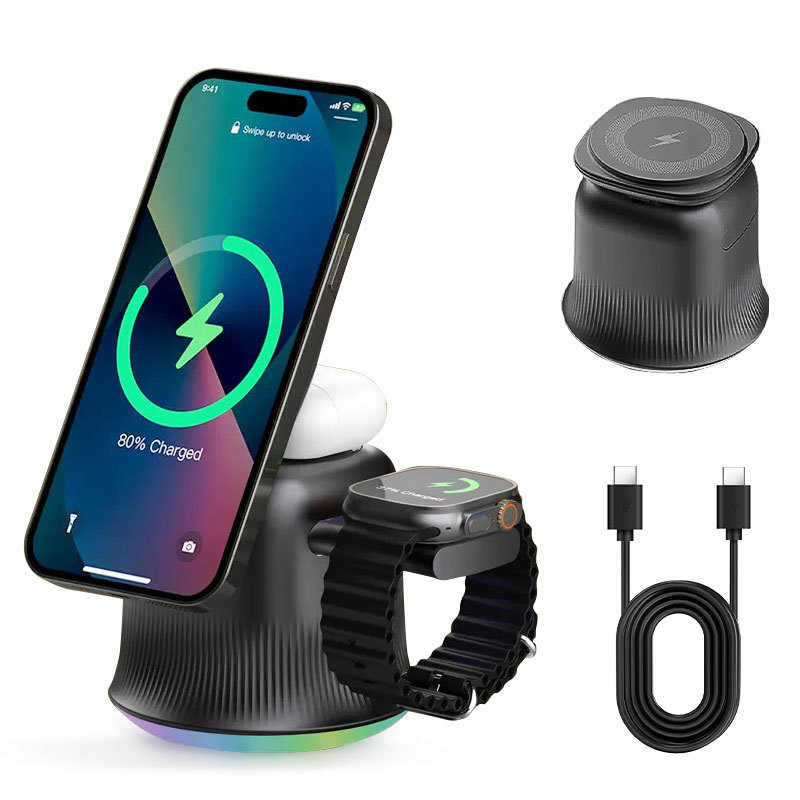 Suport de birou cu cub Rubik rotativ și încărcare wireless magnetică – lampă de noapte 3 în 1 (PD, Qi, 15W, 3A)