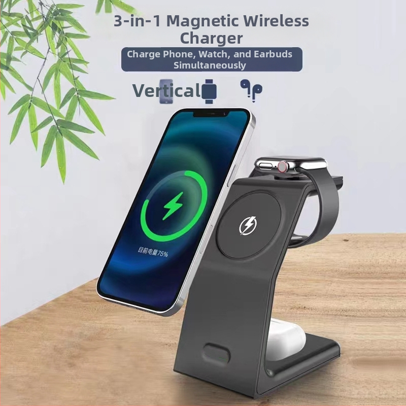 3 v 1 magnetický bezdrôtový nabíjač na stojan, vertikálne nabíjanie, Apple kompatibilné, QC3.0, max 15W, 9V/2A 12V/2A, celkový výkon 22.5W, podpora magnetického nabíjania