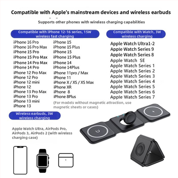 Tri v jednom MagSafe bezdrôtový nabíjač pre Apple zariadenia, skladací magnetický stojan, 15W, QC4.0, 2A
