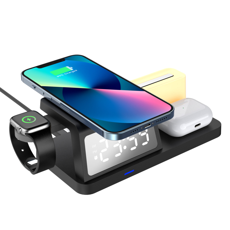 Încărcător wireless pentru ceas cu cinci funcții 15W, iluminare ambientală, pentru iPhone – încărcător portabil rapid integrat, QC3.0, moduri 15/10/7.5/5/3W