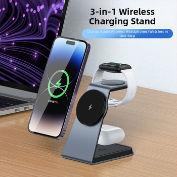 Tri u jedne magnetni bežični punjač — PD brzo punjenje za telefon, sat i slušalice, aluminijski stalak, 21W