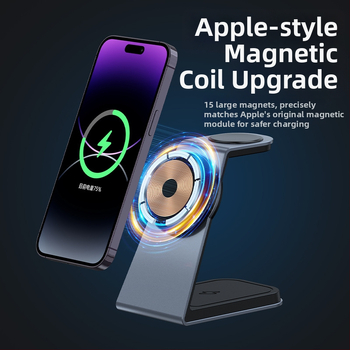 Tri u jedne magnetni bežični punjač — PD brzo punjenje za telefon, sat i slušalice, aluminijski stalak, 21W