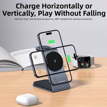 Tri u jedne magnetni bežični punjač — PD brzo punjenje za telefon, sat i slušalice, aluminijski stalak, 21W