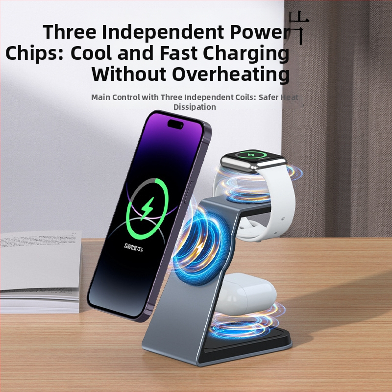 Tri u jedne magnetni bežični punjač — PD brzo punjenje za telefon, sat i slušalice, aluminijski stalak, 21W