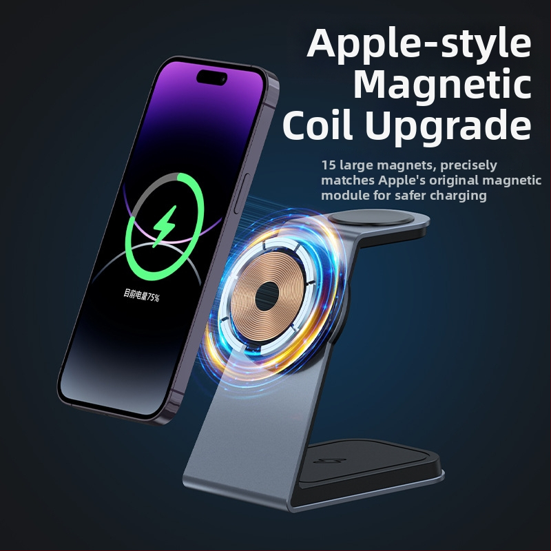 Tri u jedne magnetni bežični punjač — PD brzo punjenje za telefon, sat i slušalice, aluminijski stalak, 21W