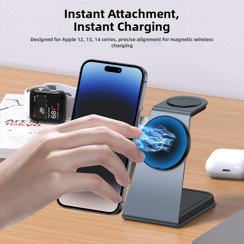 Tri u jedne magnetni bežični punjač — PD brzo punjenje za telefon, sat i slušalice, aluminijski stalak, 21W