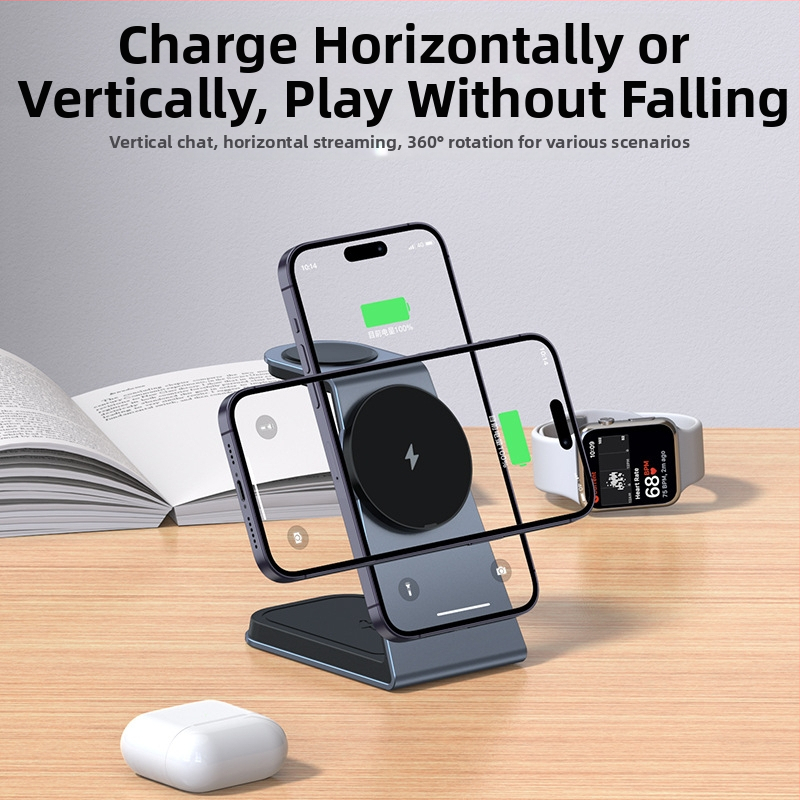 Tri u jedne magnetni bežični punjač — PD brzo punjenje za telefon, sat i slušalice, aluminijski stalak, 21W