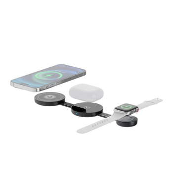 Trostruko bežično stolno punjenje s sklopivim držačem za Apple telefon i slušalice — 5W/7.5W/10W/15W, ukupna snaga 18W, 2.2A izlaz, QC3.0, magnetsko punjenje