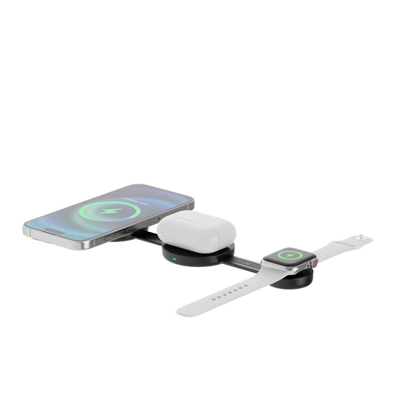 Trostruko bežično stolno punjenje s sklopivim držačem za Apple telefon i slušalice — 5W/7.5W/10W/15W, ukupna snaga 18W, 2.2A izlaz, QC3.0, magnetsko punjenje