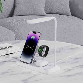 Stolni bežični punjač s noćnom lampom i držačem za telefon – 3-u-1 Qi punjač, do 25W, izlaz 1,66A