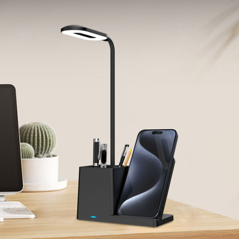 Tri u jednoj stolnoj lampi s držačem za olovke i bežičnim punjačem, 15W brzo punjenje, tri temperature svjetla, neprekidno podešavanje jačine svjetla, integrirano bežično punjenje