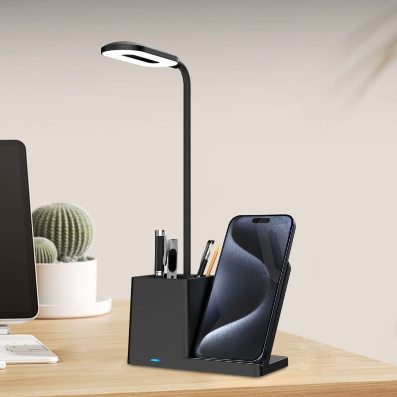 Tri u jednoj stolnoj lampi s držačem za olovke i bežičnim punjačem, 15W brzo punjenje, tri temperature svjetla, neprekidno podešavanje jačine svjetla, integrirano bežično punjenje