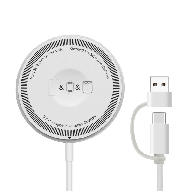 Bežično 15W magnetsko punjač s dvostrukim portom – za slušalice i sat, 3-u-1 bežično punjenje