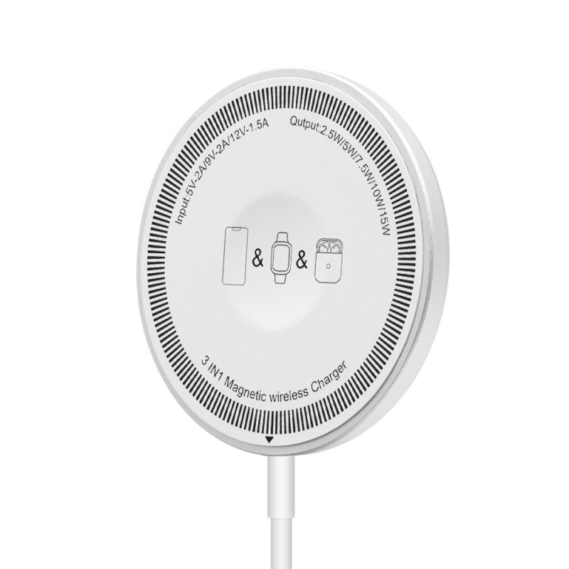 Bežično 15W magnetsko punjač s dvostrukim portom – za slušalice i sat, 3-u-1 bežično punjenje