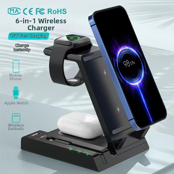 Šesť v jednom bezdrôtový nabíjač s PD rýchlym nabíjaním pre radu iPhone, výstup 35W, celkový výkon 50W, Qi/CE/ROHS certifikované, s držiakom na telefón