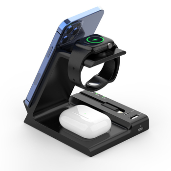 Šesť v jednom bezdrôtový nabíjač s PD rýchlym nabíjaním pre radu iPhone, výstup 35W, celkový výkon 50W, Qi/CE/ROHS certifikované, s držiakom na telefón