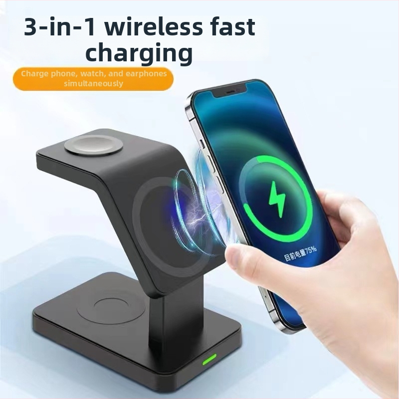 Magnetické tri-in-one stolné bezdrôtové nabíjač s vertikálnym stojanom pre hodinky a slúchadlá, QC3.0 rýchle nabíjanie, výstup 2A, max 15W (celkový výkon 25W)