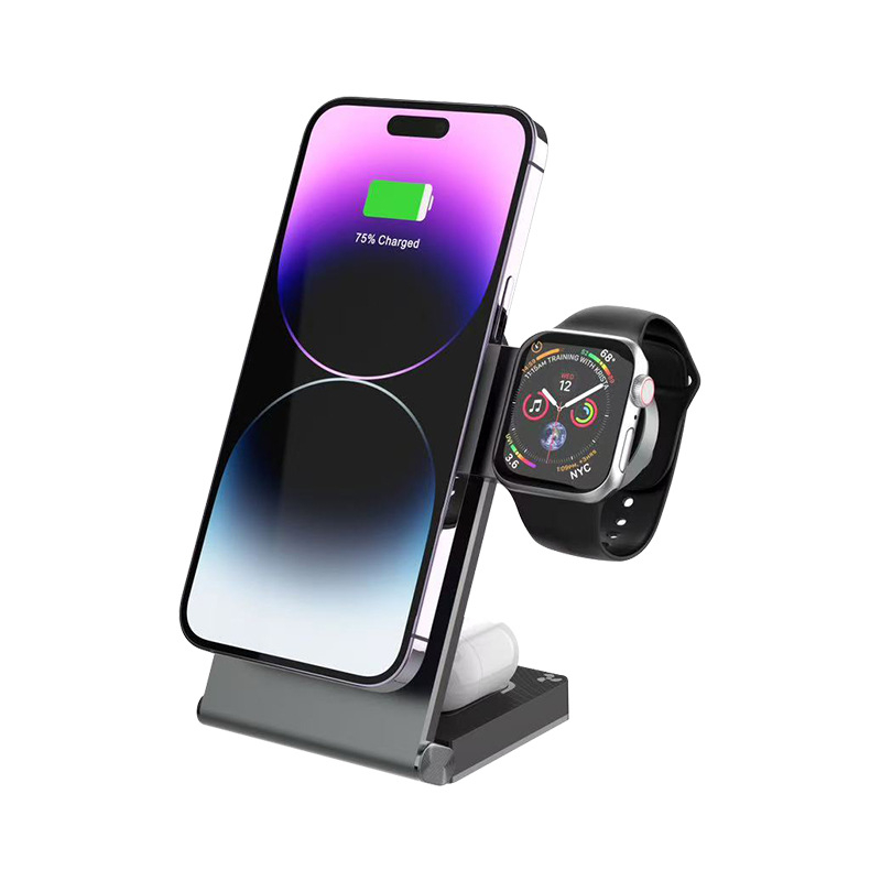 3 v 1 Bezdrôtová nabíjacia stojan s účinným odvádzaním tepla pre iPhone, Apple Watch a AirPods; max. 15W výstup; magnetické nabíjanie; QC4.0 protokol; skladací prenosný dizajn