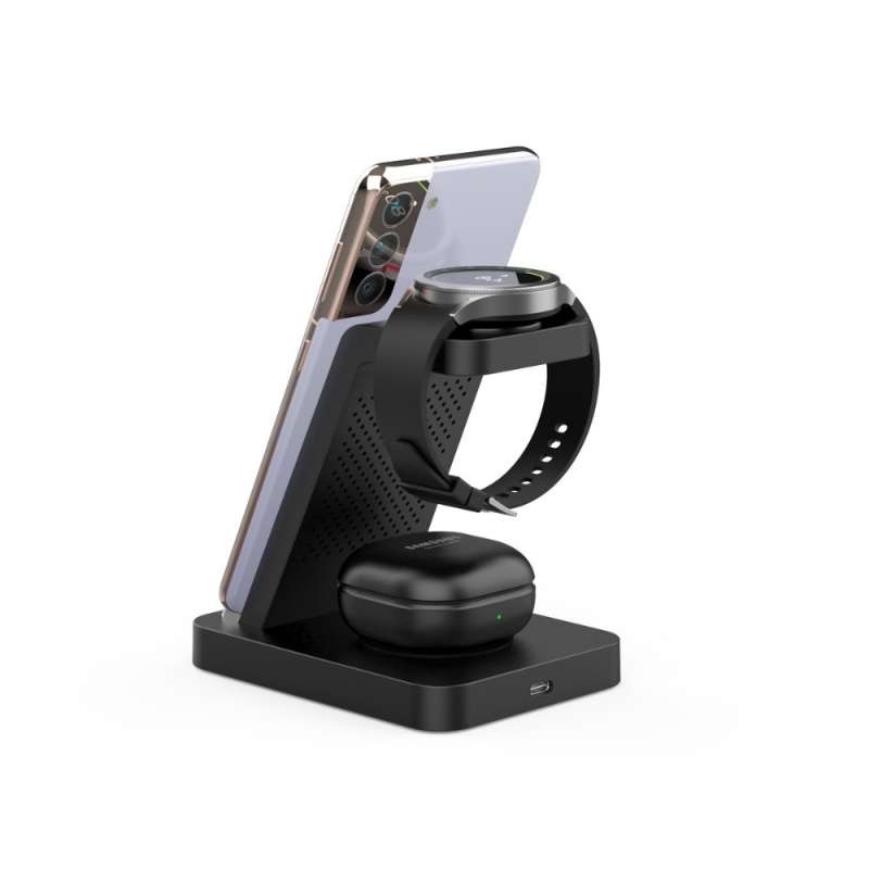 3-u-1 bežični stalk za punjenje sata i telefona, uspravni dizajn, 15W brzo punjenje, QC3.0, 3A, ABS+PC protuklizni silikon