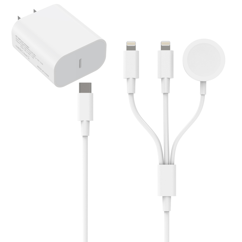 Brzo zidno punjenje za iPhone 14 i Apple Watch – QC2.0, 30W, 1 izlaz, uključuje 2 data kabela