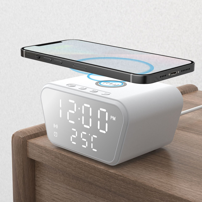 Ceas deșteptător cu încărcare wireless, afișaj dată și temperatură, 15W QC 3.0, 1.7A