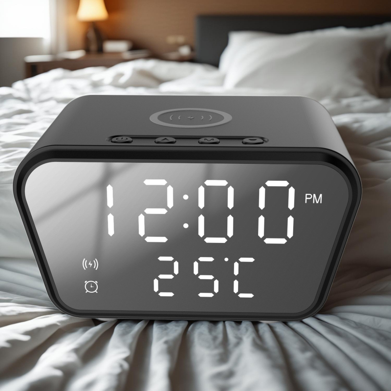 Ceas deșteptător cu încărcare wireless, afișaj dată și temperatură, 15W QC 3.0, 1.7A