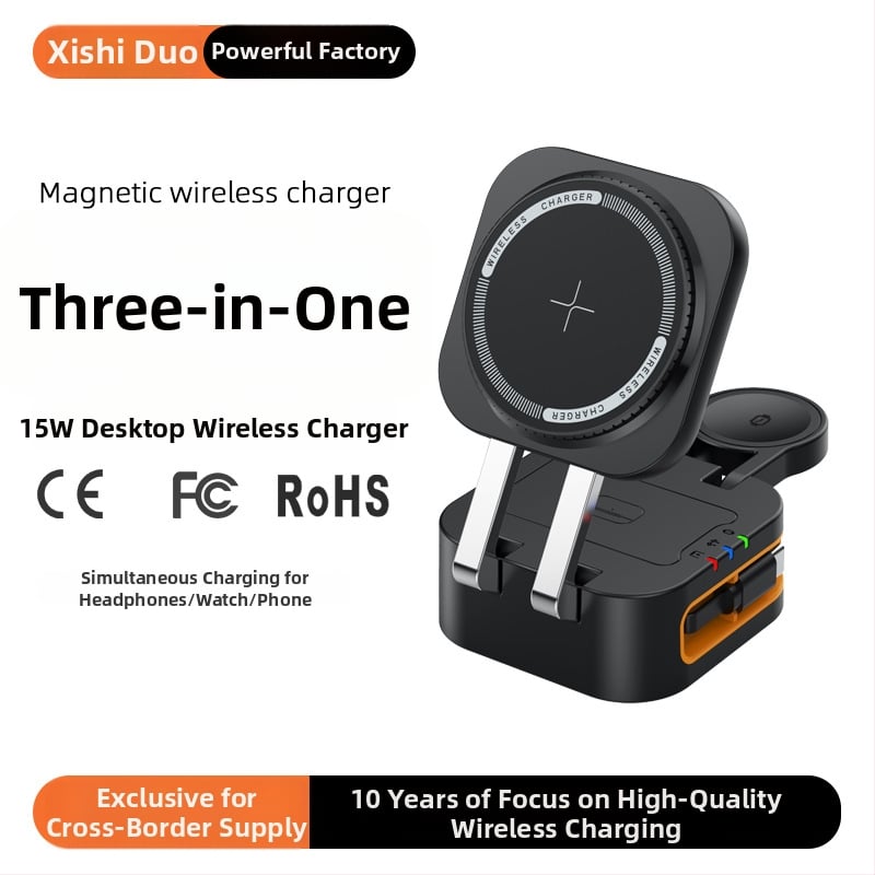 MagSafe-kompatibilis 3-in-1 vezeték nélküli töltő kihúzható és összecsukható kivitelben, 15W PD gyorstöltés