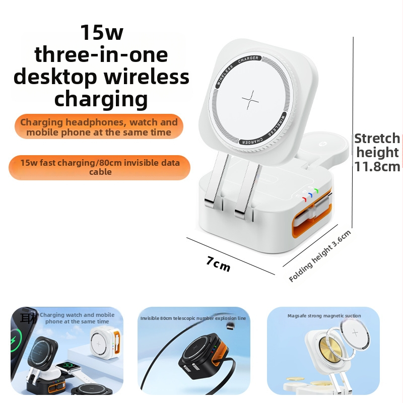 MagSafe-kompatibilis 3-in-1 vezeték nélküli töltő kihúzható és összecsukható kivitelben, 15W PD gyorstöltés
