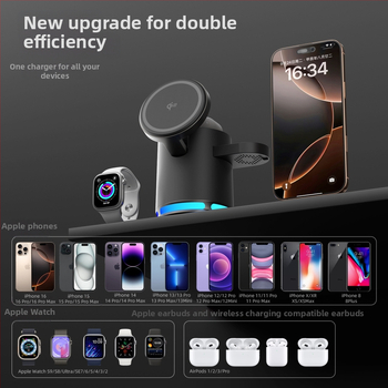 Bezdrôtová nabíjačka 3v1 s MagSafe pre telefón 15W, slúchadlá 5W, hodinky 3W, RGB svetlo na stole