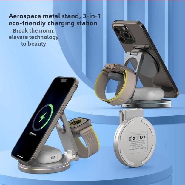 360° okretna 3-u-1 bežična stanica za punjenje s magnetskim punjenjem, metalni sklopivi držač za telefon – ukupna snaga 25W (telefon 15W, sat 2,5W, slušalice 3W)