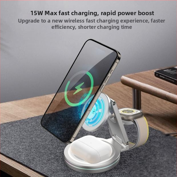 360° okretna 3-u-1 bežična stanica za punjenje s magnetskim punjenjem, metalni sklopivi držač za telefon – ukupna snaga 25W (telefon 15W, sat 2,5W, slušalice 3W)