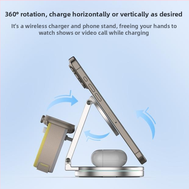 360° okretna 3-u-1 bežična stanica za punjenje s magnetskim punjenjem, metalni sklopivi držač za telefon – ukupna snaga 25W (telefon 15W, sat 2,5W, slušalice 3W)