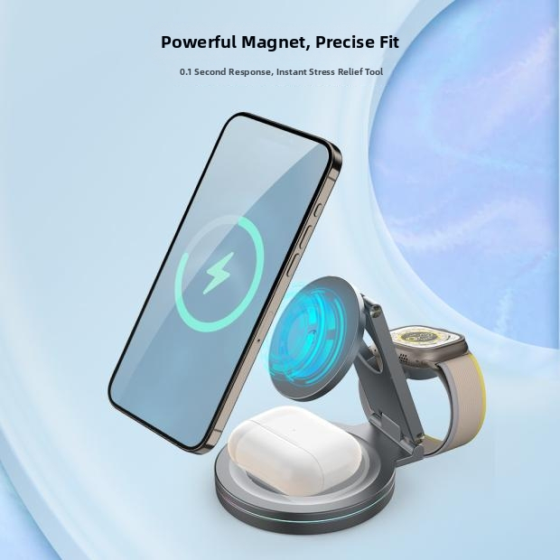 360° okretna 3-u-1 bežična stanica za punjenje s magnetskim punjenjem, metalni sklopivi držač za telefon – ukupna snaga 25W (telefon 15W, sat 2,5W, slušalice 3W)