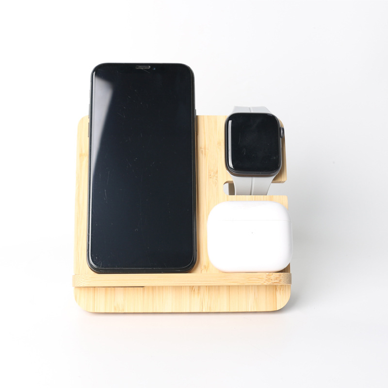 3-σε-1 μπαμπού ασύρματο φορτιστή με βάση γραφείου από ξύλο για κινητό, ρολόι και ακουστικά – QC3.0 9V γρήγορη φόρτιση